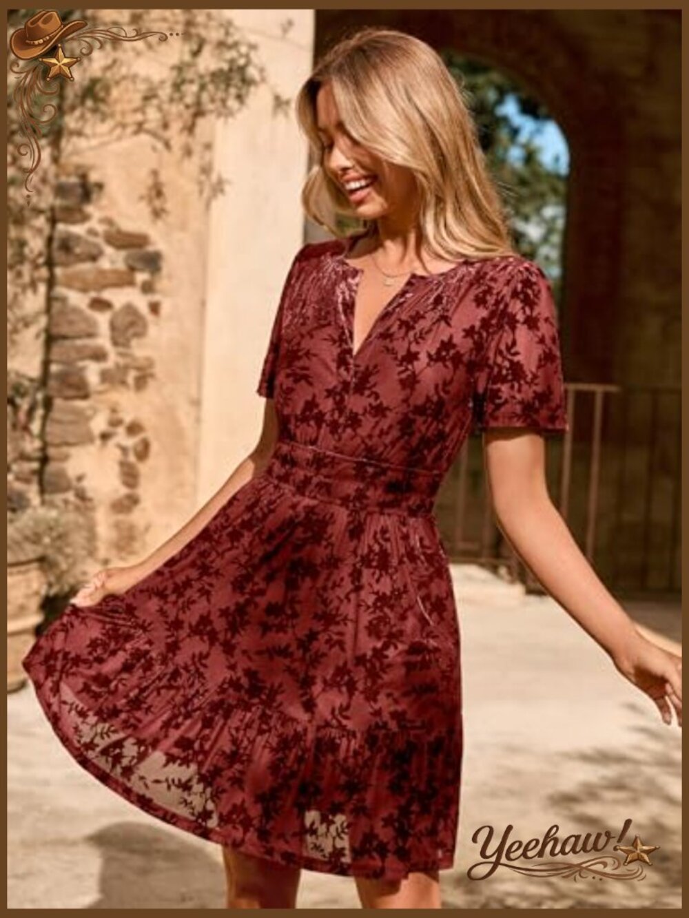 Velvet Mini Dress with Pockets V-Neck Empire Waist Short Sleeve - Picture 6 of 7